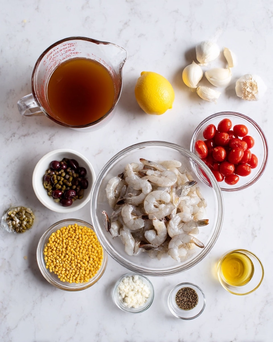 The image shows a cooking setup with several clear and white bowls on a white marbled surface. There is a large clear bowl in the center filled with raw shrimp, light gray and white in color with tails on. To its right, a smaller clear bowl holds bright red cherry tomatoes. Above that, a small clear bowl contains chopped dark purple olives. Next to the shrimp bowl on the left, there is a white bowl filled with small yellow lentils, and below it, a small clear bowl with white crumbled cheese. Above the lentils, a small clear bowl has green capers. Near the top left is a whole bright yellow lemon and a clear glass measuring cup filled with brown broth or stock. Above the tomatoes, there are three whole garlic cloves, and to the right, a small clear bowl contains salt and pepper. A tiny clear shot glass holds a golden liquid, possibly oil, placed near the shrimp. The whole setup is neat and bright, arranged in a balanced way. Photo taken with an iphone --ar 4:5 --v 7