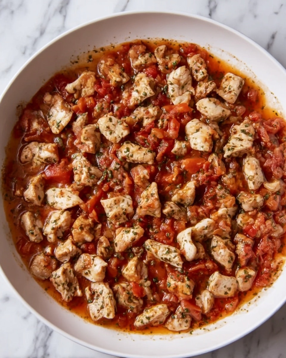 The image shows a white round dish filled with small, cooked pieces of lightly browned meat scattered over a vibrant tomato sauce with herbs. The sauce is reddish with chunks of tomato, and it sits mostly under the meat pieces, which are irregular in shape and speckled with herbs, giving a seasoned look. The dish is placed on a white marbled surface, creating a clean background. photo taken with an iphone --ar 4:5 --v 7