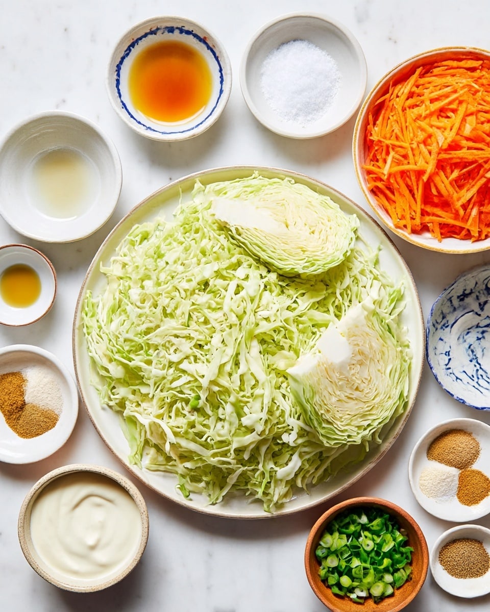 A large white round plate filled with thin shredded light green cabbage in the center, topped with two quartered pieces of the same cabbage showing the pale inner layers. Surrounding the plate on a white marbled surface are various small white bowls and dishes with ingredients: finely shredded bright orange carrots in one bowl to the right, finely chopped green onions in a small wooden bowl below it, a small bowl of white granulated sugar above, and a tiny dish with amber liquid above that. On the left side, there is a tiny dish with a small amount of clear liquid, a small bowl filled with thick white mayonnaise-like sauce, and a small round white plate holding different powdered spices in various shades of beige, light brown, and white. Photo taken with an iphone --ar 4:5 --v 7