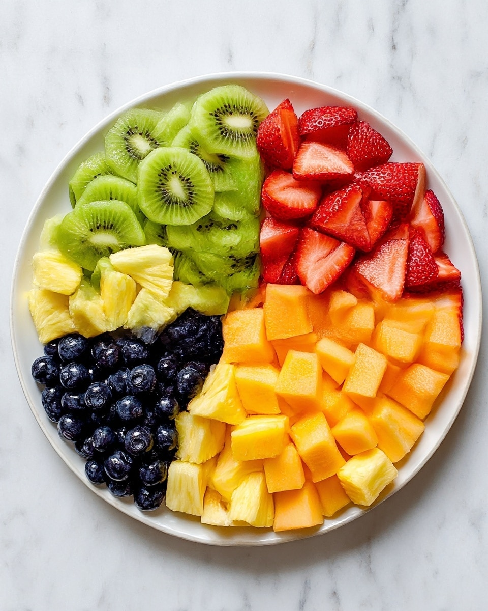 A round white plate on a white marbled surface holds five sections of different fresh fruits arranged in a circular pattern. Starting from the top left, there are bright green sliced kiwis with their soft texture and visible seeds, next to them are red sliced strawberries with a moist look. Below the strawberries is a section of orange cubed cantaloupe with smooth surfaces. To the left of the cantaloupe are yellow pineapple pieces cut into chunks with a slightly fibrous texture. Lastly, at the bottom left of the plate, there are dark blue shiny blueberries clustered together. The fruits are vibrant with natural colors and textures, neatly divided but touching each other. photo taken with an iphone --ar 4:5 --v 7