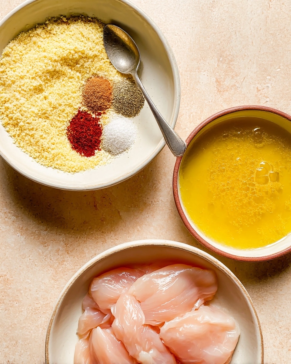 Three white bowls on a light brown surface hold different ingredients for cooking. The top left bowl is filled with a yellow crumbly mixture, with small piles of red spice, white salt, black pepper, and light brown powder arranged on one side with a small silver spoon resting on them. The top right bowl contains a bright yellow liquid with some small bubbly textures on the surface. The bottom bowl has several raw pale pink meat pieces placed inside. Photo taken with an iphone --ar 4:5 --v 7
