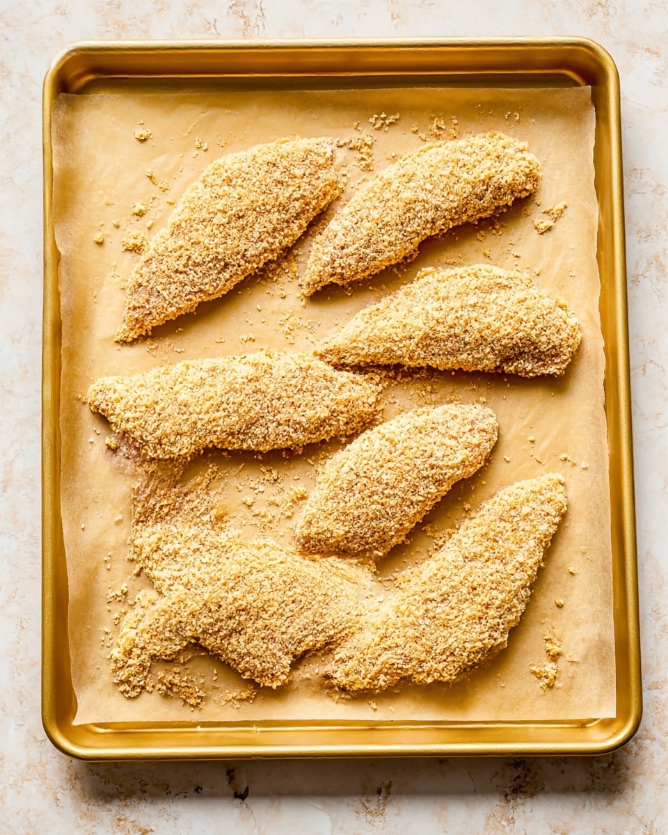The image shows six raw chicken tenders covered in a light, crumbly breading, arranged in two staggered rows on a sheet of parchment paper. The parchment paper lines a gold baking tray with smooth edges. The breading has a golden beige color with a coarse texture that clings to the surface of the tenders, and a few crumbs are scattered around them on the paper. The setup sits on a white marbled textured surface that adds a clean, subtle pattern to the background. photo taken with an iphone --ar 4:5 --v 7