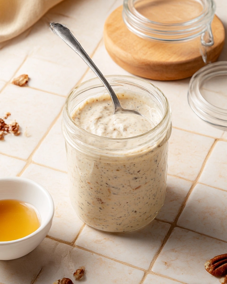 A clear glass jar filled with a thick, creamy mixture that is light beige with visible small dark seeds and chunks throughout, held steady by a silver spoon inside. The jar sits on a white marbled tiled surface with square patterns in soft tan and cream tones. Nearby, there is a small white bowl with a bit of light honey or syrup inside, and some scattered pecan pieces on the surface. A round wooden lid rests behind the jar, along with a clear glass container with a matching lid to the right. The scene is bright and warm, showcasing the texture and detail of the creamy mixture clearly. photo taken with an iphone --ar 4:5 --v 7