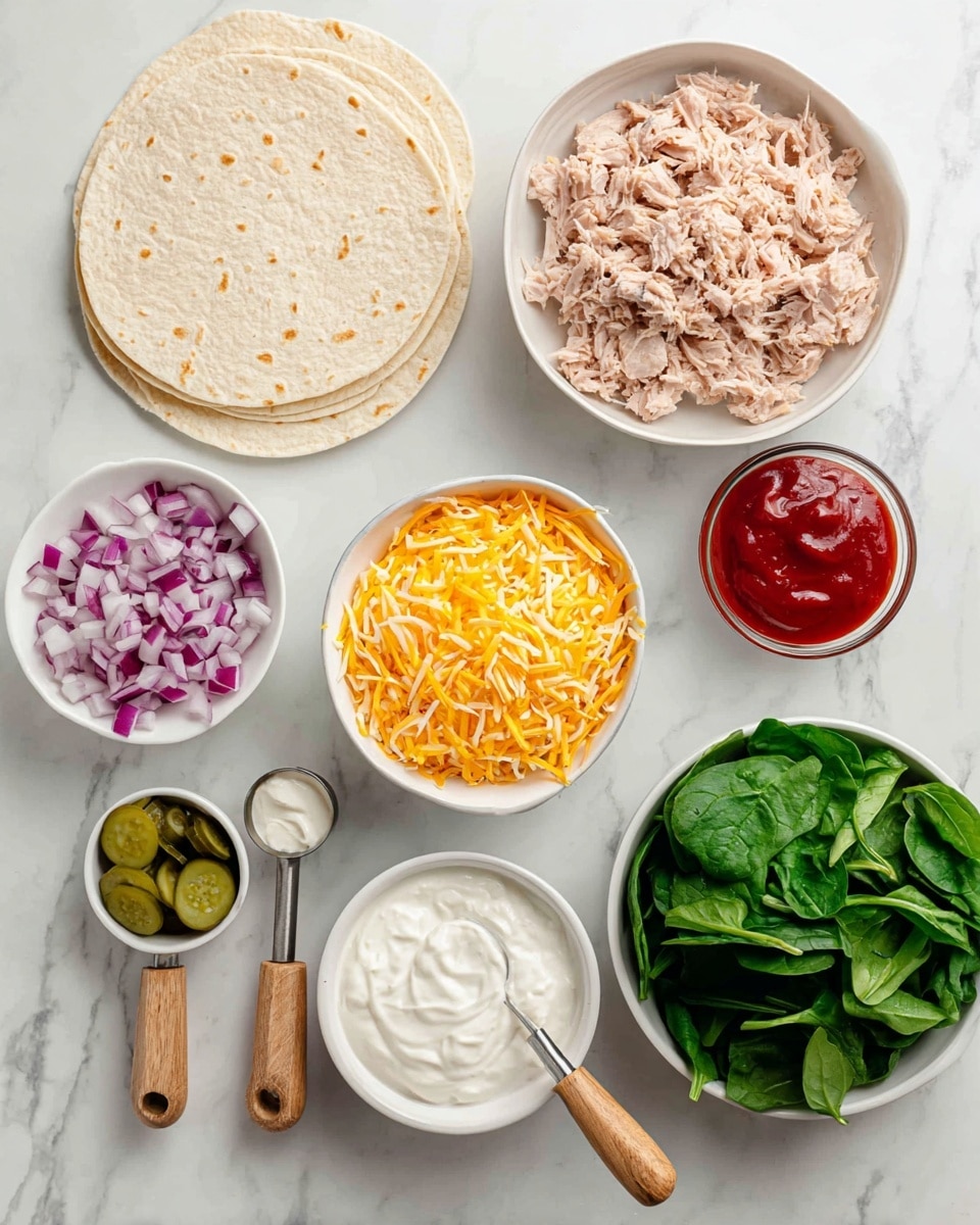 The image shows ingredients for a meal arranged on a white marbled surface. There are six white bowls and two wooden-handled measuring spoons. At the top left, there are three beige tortillas stacked flat. Next to them, a white bowl is filled with light pink tinned tuna. Below the tuna, an orange-yellow shredded cheddar cheese is in a white bowl. To the left, a small white bowl holds green sliced gherkins, while another small white bowl near the center contains finely chopped purple and white red onion. On the right side, another white bowl is filled with fresh dark green spinach leaves. Finally, in front of the spinach, two measuring spoons rest side by side: one holds thick white yogurt, and the other has bright red sriracha sauce. The photo taken with an iphone --ar 4:5 --v 7