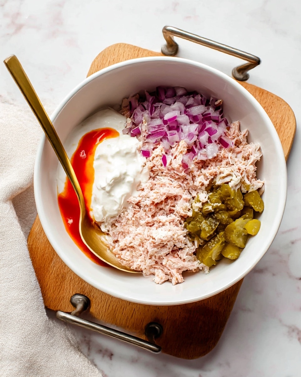 A white bowl shows a mix of four layers arranged side by side: light pink shredded tuna on the right, small green pickle slices next to it on the bottom left, finely chopped purple onions scattered on top of the pickles and tuna, and a dollop of white mayonnaise with a streak of bright red hot sauce on the left side of the bowl. A gold spoon is resting inside the bowl, partially under the tuna. The bowl sits on a small wooden board with metal handles, placed on a white marbled surface, and a light beige cloth is seen in the background. Photo taken with an iphone --ar 4:5 --v 7