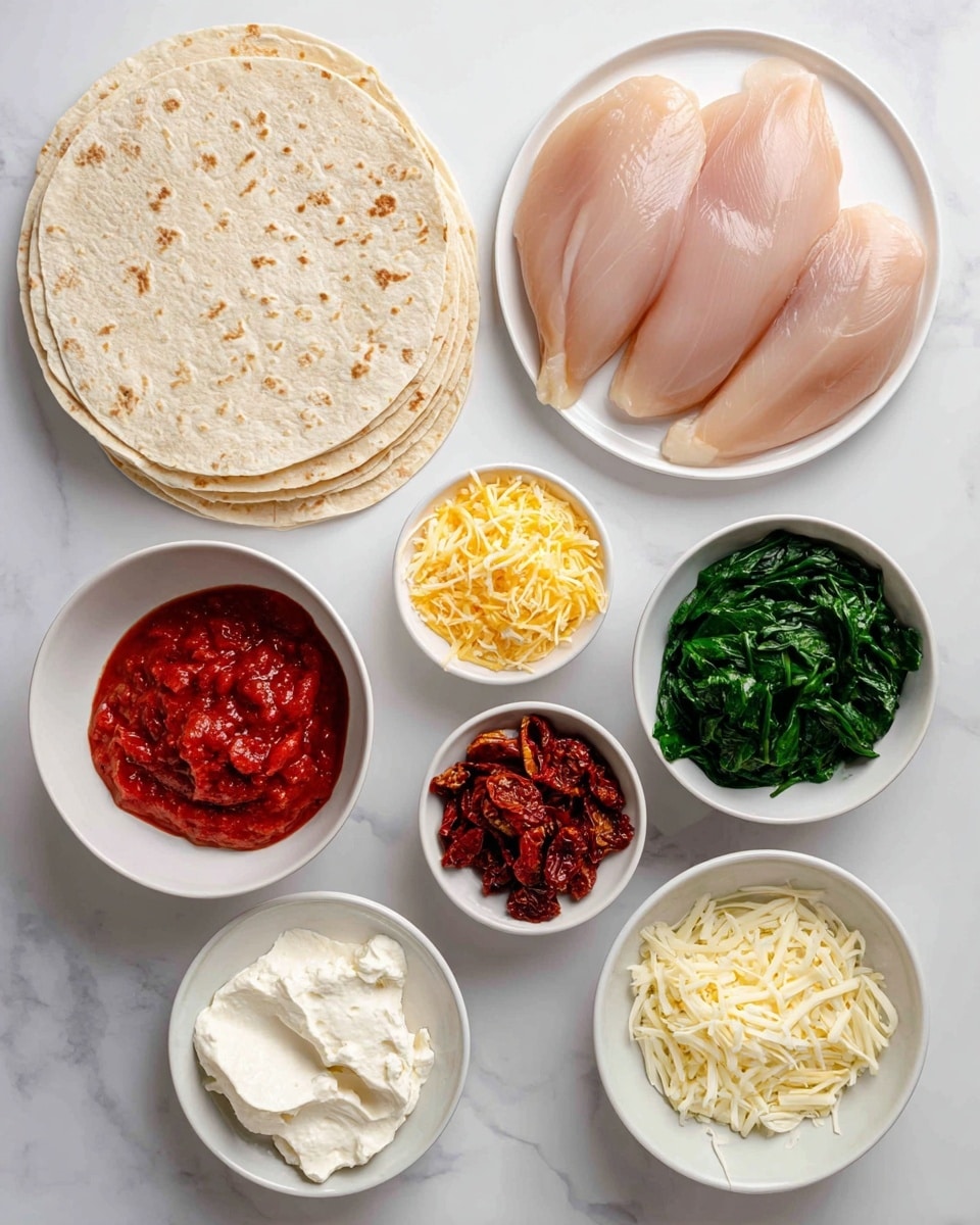 The image shows raw ingredients arranged neatly on a white marbled surface. There are three light brown tortilla wraps stacked on the left side, next to a white plate holding three raw, pinkish chicken breasts. Surrounding these are six small white bowls filled with different items: bright red tomato paste with a smooth texture, fresh dark green chopped spinach leaves, finely shredded yellow cheese, sun-dried tomatoes with a dark red and slightly wrinkled look, creamy white cream cheese with a soft texture, and shredded pale off-white parmesan cheese. Each item is clearly visible with vibrant natural colors, all placed in an organized way. photo taken with an iphone --ar 4:5 --v 7