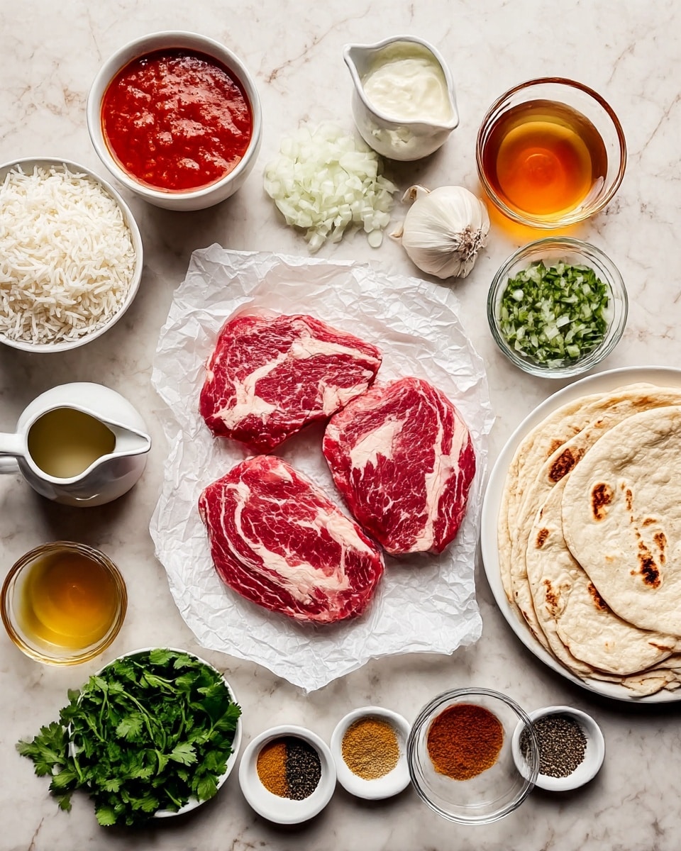 A flat lay of ingredients arranged neatly on a white marbled surface, featuring two large raw red meat pieces with white marbling placed on crumpled white parchment paper in the center. Around the meat, there are small white bowls containing chopped white onions, fresh green cilantro, minced garlic, and a creamy white sauce. A small white jug holds thick red tomato sauce, and another small glass cup has amber-colored broth. Several small bowls hold ground spices in shades of brown, yellow, and black. On one side, a bowl filled with white cooked rice and a white plate with folded flatbreads showing light brown grill marks complete the setup. photo taken with an iphone --ar 4:5 --v 7