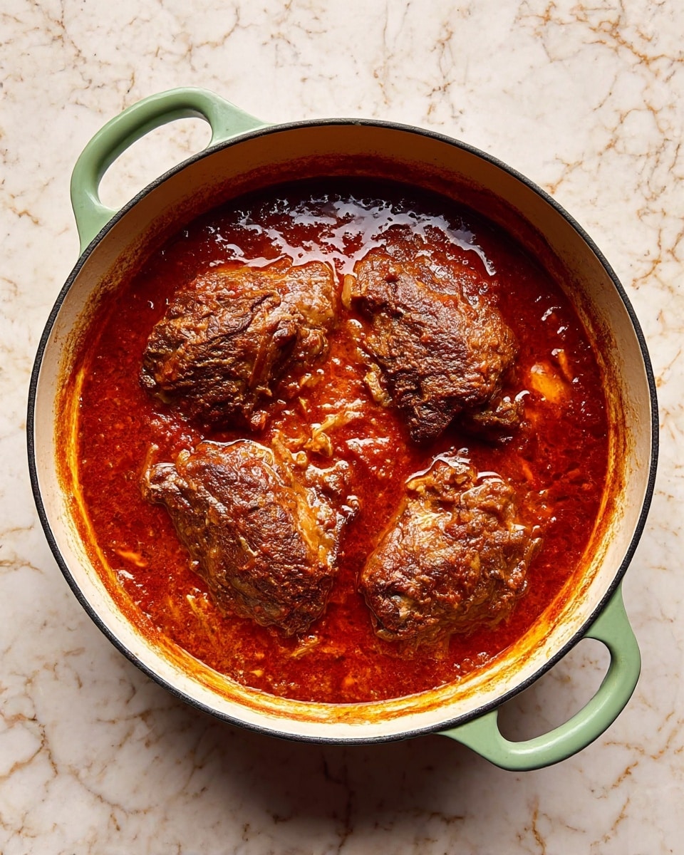 A round white pot with light green handles is filled with a rich, thick red sauce that has an oily shine on top. Floating in the sauce are four large, browned pieces of meat with a slightly rough texture and some crispy edges. The pot is placed on a white marbled surface that highlights the warm color of the sauce and meat. photo taken with an iphone --ar 4:5 --v 7