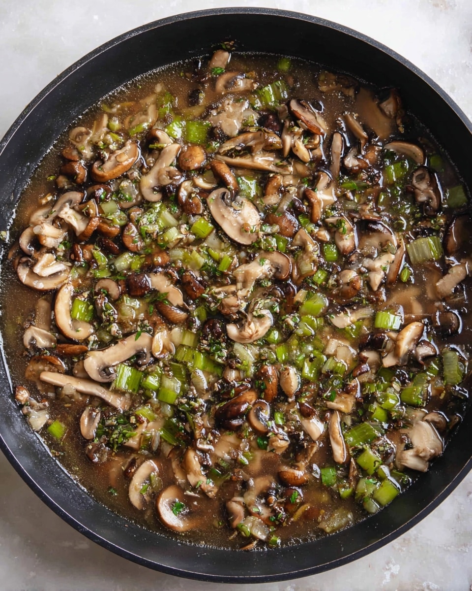 A black pan filled with one layer of a mushroom and vegetable mixture in a light brown broth. The mixture includes light brown and dark brown mushrooms, small pieces of green celery or similar vegetable, and bits of chopped onion or herbs, all unevenly spread across the surface. The mushrooms and vegetables float in the broth, showing textures from soft to slightly firm with some glossy liquid reflections. The pan sits on a white marbled surface photo taken with an iphone --ar 4:5 --v 7