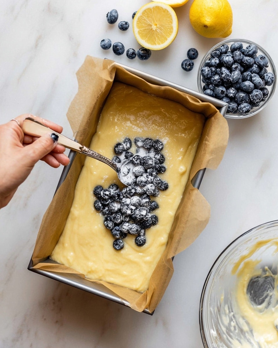 A rectangular baking pan lined with brown parchment paper holds one thick layer of smooth, pale yellow batter which fills most of the pan. A woman's hand holding a spoon drizzles dark blue blueberries, dusted with white flour, onto the center of the batter. Nearby, a clear glass bowl filled with more scattered blueberries sits on a white marbled surface alongside a halved lemon and a large clear mixing bowl with some more batter inside. Photo taken with an iphone --ar 4:5 --v 7