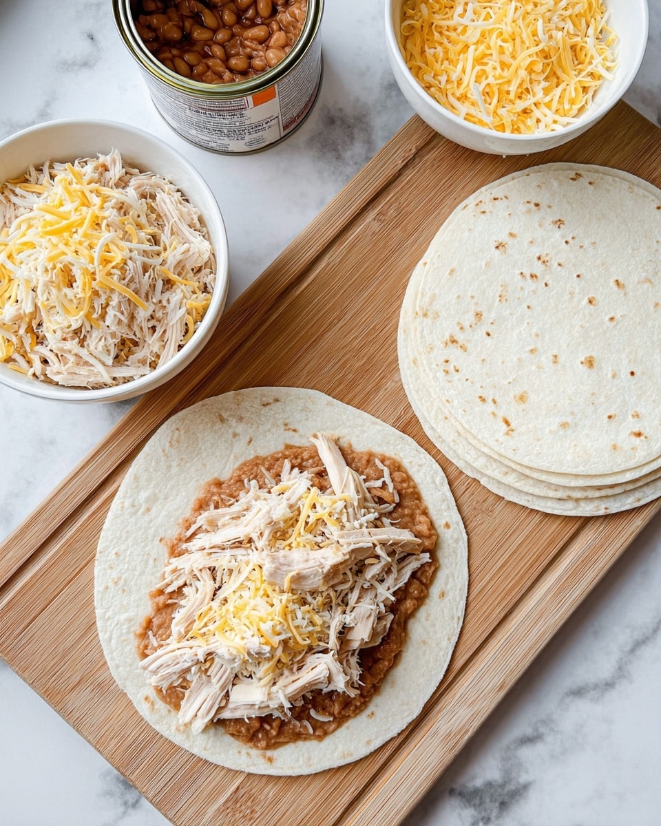 The image shows a white tortilla on a wooden board with two layers: a thick spread of light brown refried beans topped with shredded white chicken. To the right is a stack of plain white tortillas, and above the main tortilla is a white bowl filled with a mix of shredded yellow and white cheese. To the left is a white bowl filled with shredded white chicken, and a can of refried beans with an open lid sits near the top left corner. The whole setup rests on a white marbled surface. photo taken with an iphone --ar 4:5 --v 7