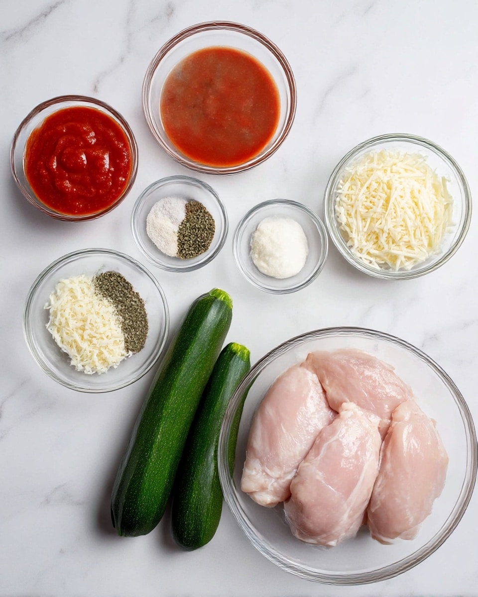 The image shows six main ingredients arranged neatly on a white marbled surface. On the left, there is a small glass bowl filled with red tomato sauce. Above it, a glass bowl holds a mix of four seasonings: salt, black pepper, garlic powder, and dried herbs, all separated in a circular pattern. To the right of the seasonings, two more small glass bowls contain shredded white cheese and finely grated pale yellow cheese. In the center, three fresh green zucchinis lie side by side. On the far right, there is a large clear glass bowl holding three raw pale pink chicken pieces. photo taken with an iphone --ar 4:5 --v 7