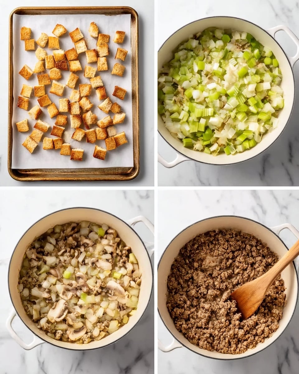 The image shows a four-part grid with each square depicting a step of cooking. The top left has many small cubes of golden brown toasted bread spread on a large baking tray lined with white paper, all set on a white marbled surface. The top right shows a white round cooking pot filled with light green diced celery, light brown sliced mushrooms, and finely chopped white onions. In the bottom left, the same white pot holds the vegetables simmered together, becoming softer and mixed with some dark bits, showing a cooked texture. The bottom right shows cooked browned ground meat in the same white pot, with a wooden spoon resting on top inside the pot, all on a white marbled surface. photo taken with an iphone --ar 4:5 --v 7