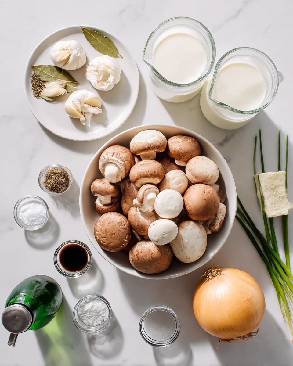 A round white bowl sits in the center, filled with a mix of white and brown mushrooms, each mushroom round and smooth, stacked in a natural pile. To the left, a small white plate holds three garlic cloves, two bay leaves, and a small glass container with dried herbs, while a small glass with dark soy sauce is nearby. Below, there are three small containers with salt, pepper, and a creamy white powder. A green glass bottle with a metal spout sits at the bottom left. To the right of the bowl, a whole onion with light golden skin rests on the white marbled surface, next to a small bunch of green chives. Above the onion are two clear glass jugs—one with milk and the other with a light clear broth—and a small glass bowl of white soft cheese. The image is bright and softly lit from above, with soft shadows on the white marbled texture surface. Photo taken with an iphone --ar 4:5 --v 7