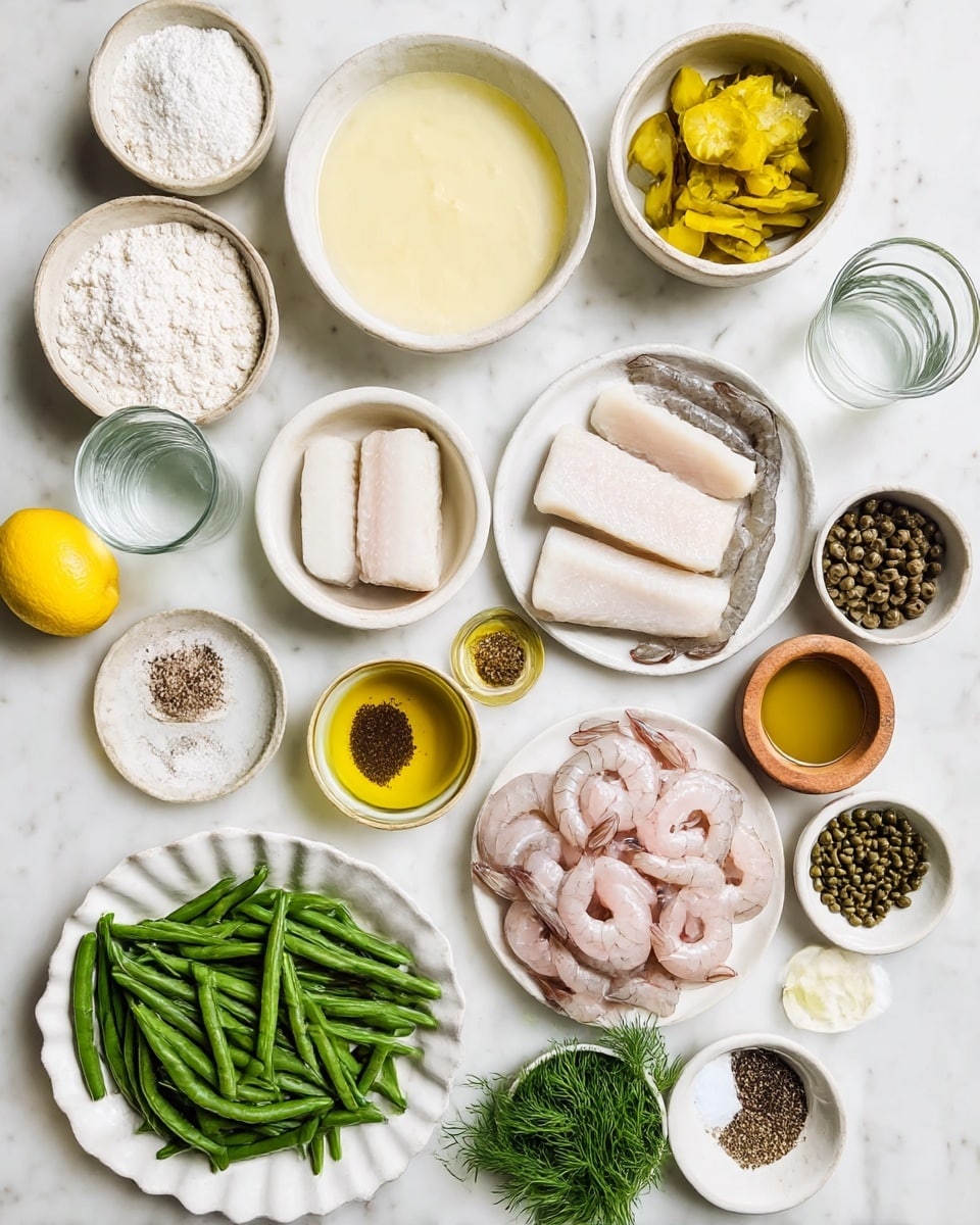 The image shows many small white bowls and plates arranged neatly on a white marbled surface. There are several layers of ingredients: on the top left, a bowl of white powder, a bowl of pale yellow creamy mixture, and a clear glass of water. Next to these, a small white bowl with yellow pickles and a plate holding three thick pieces of white fish. Below these, a bowl with raw gray shrimp, two small bowls with golden yellow oils, and a small wooden bowl of black pepper and another with white salt. On the lower left, there is a plate of fresh green beans and a scalloped white bowl filled with pale pink raw squid rings. Around these are small bowls containing green capers, minced garlic, and a white powder, plus fresh green parsley and dill. A whole yellow lemon is also visible on the left side. The photo taken with an iphone --ar 4:5 --v 7