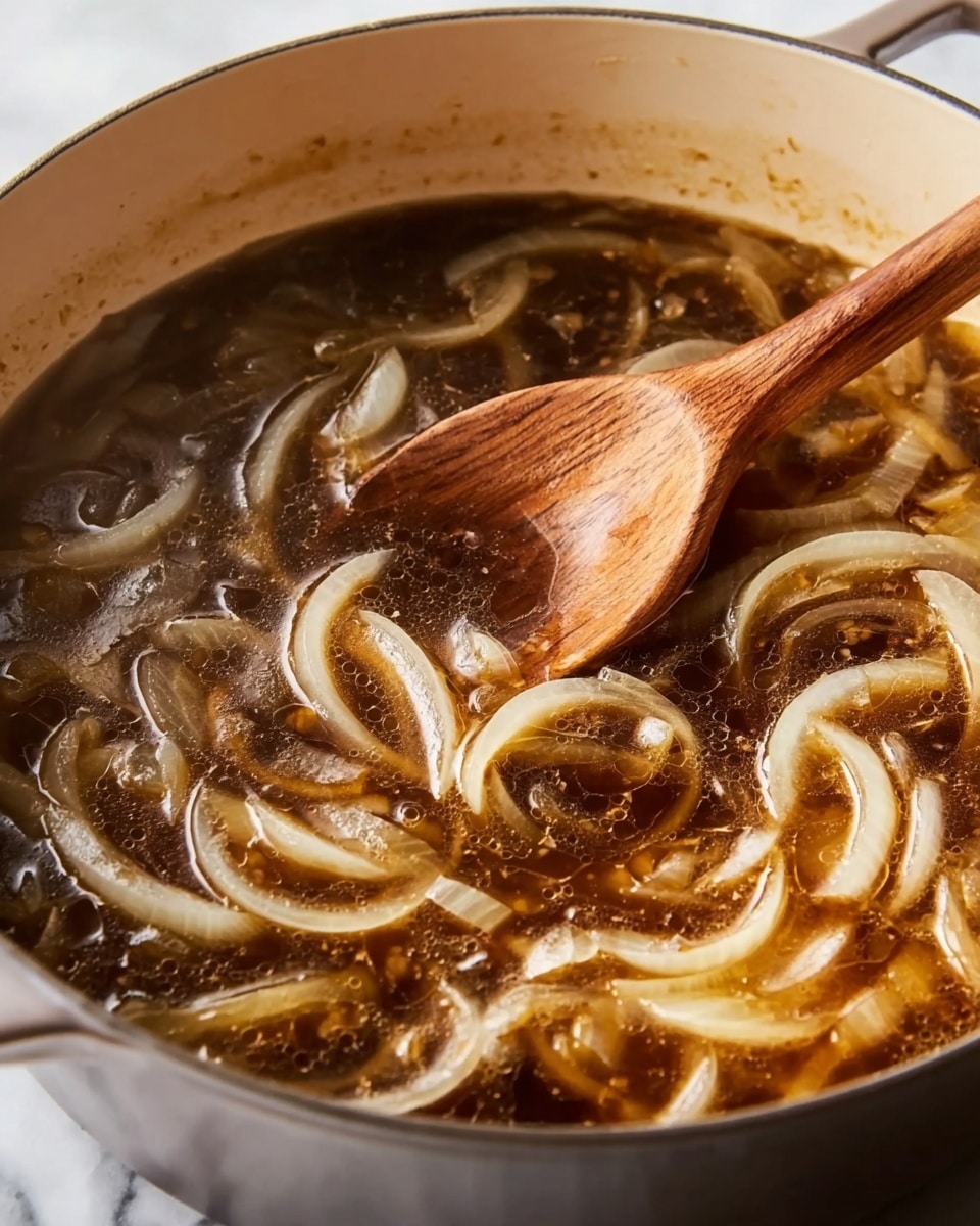 The image shows a close-up of a pot filled with dark brown broth. The broth has many soft, translucent onion slices floating in it, each pale yellow to light tan in color, creating a layered texture with some bubbles on the surface. A wooden spoon with a long handle rests inside the pot, partially submerged and stirring the broth and onions. The background is a white marbled texture. The scene looks warm and inviting. Photo taken with an iphone --ar 4:5 --v 7
