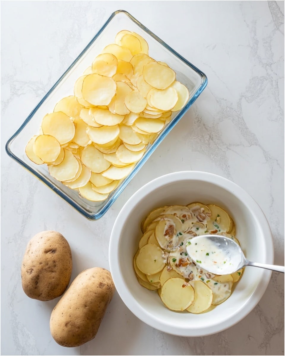 The image shows two dishes with thin potato slices placed inside. On the left, there is a clear rectangular glass dish filled with one layer of pale yellow potato slices. Next to it, two whole brown potatoes rest on a white marbled surface. On the right, a white bowl contains one layer of similar thin potato slices. A spoon is pouring a white creamy sauce with small green herbs and brown bits on top of the potato slices. The background is a white marbled texture. photo taken with an iphone --ar 4:5 --v 7