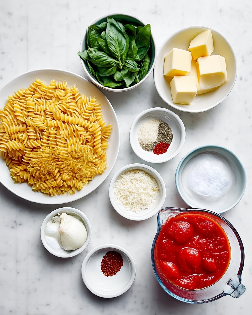 The image shows ingredients for a pasta dish arranged neatly on a white marbled surface. On the left is a white plate filled with yellow spiral pasta. Below it are two white bowls, one with white onion quarters and the other with light yellow cubes of butter. On the top right are two white bowls, one with fresh green basil leaves and the other with grated white cheese. In the middle are three small white bowls holding white salt, brown dried herbs, and red chili flakes. On the right side is a clear glass measuring cup filled with whole bright red peeled tomatoes in red sauce. The scene is evenly lit and clean, photo taken with an iphone --ar 4:5 --v 7