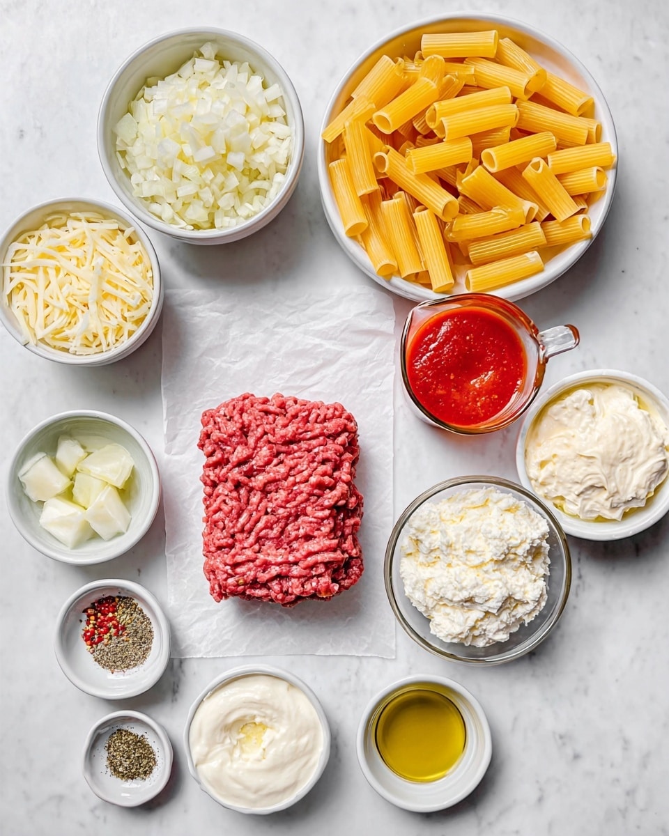 The image shows an arrangement of ingredients on a white marbled surface, including a white bowl of yellow uncooked pasta tubes positioned top right, a white bowl with creamy ricotta cheese bottom right, and a white bowl with shredded white cheese top left. Below the shredded cheese is a white bowl of diced onions. A square block of red raw ground meat rests on parchment paper towards the bottom left. Several small white bowls hold grated cheese, finely chopped garlic, an egg, and seasoning spices including dried herbs and red pepper flakes, spread around the center. A glass measuring cup with bright red tomato sauce and a small glass bowl of olive oil complete the setup. Photo taken with an iphone --ar 4:5 --v 7