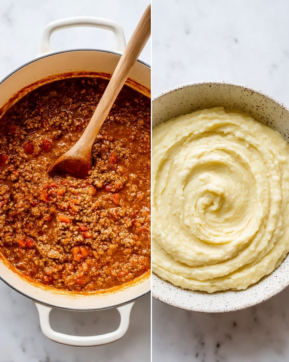 The image shows two bowls side by side on a white marbled surface. On the left, there is a white pot filled with a rich, chunky meat sauce with visible small pieces of ground meat and diced red tomatoes in a deep reddish-brown sauce. A wooden spoon is resting inside the pot. On the right, a white speckled bowl contains smooth, creamy mashed potatoes, pale yellow in color with a wooden spoon swirling through them creating a soft, textured pattern. Photo taken with an iphone --ar 4:5 --v 7