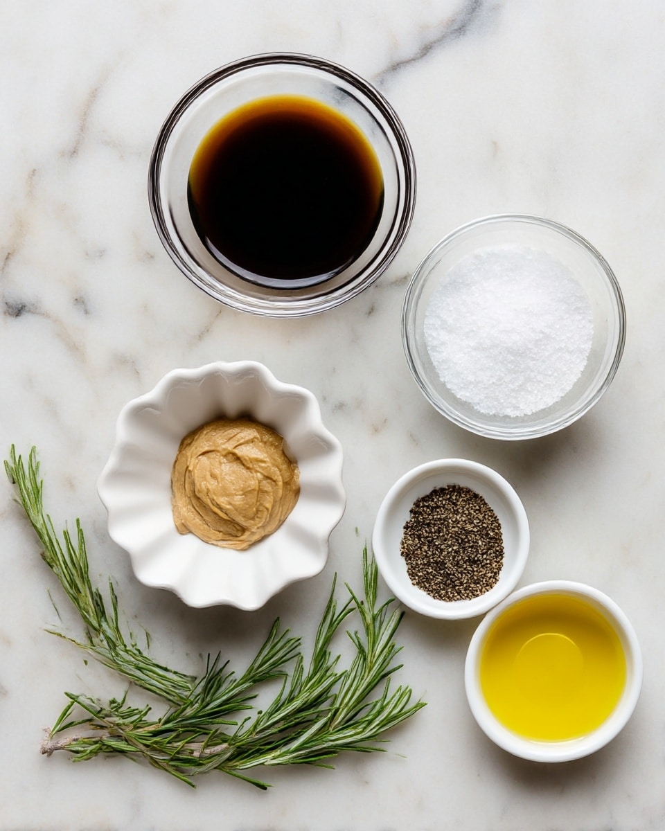 On a white marbled surface, six small bowls and a sprig of rosemary are arranged. From the top left, a round glass bowl holds a dark brown liquid sauce. Next to it on the right is a round glass bowl filled with white coarse salt. Below the salt, a white scalloped bowl contains a thick, tan-colored mustard. On the lower right, a small white bowl is filled with yellow olive oil. Below the dark sauce bowl is another round glass bowl containing ground black pepper. A fresh green rosemary twig curves along the surface near the bowls, adding a bright natural touch. photo taken with an iphone --ar 4:5 --v 7