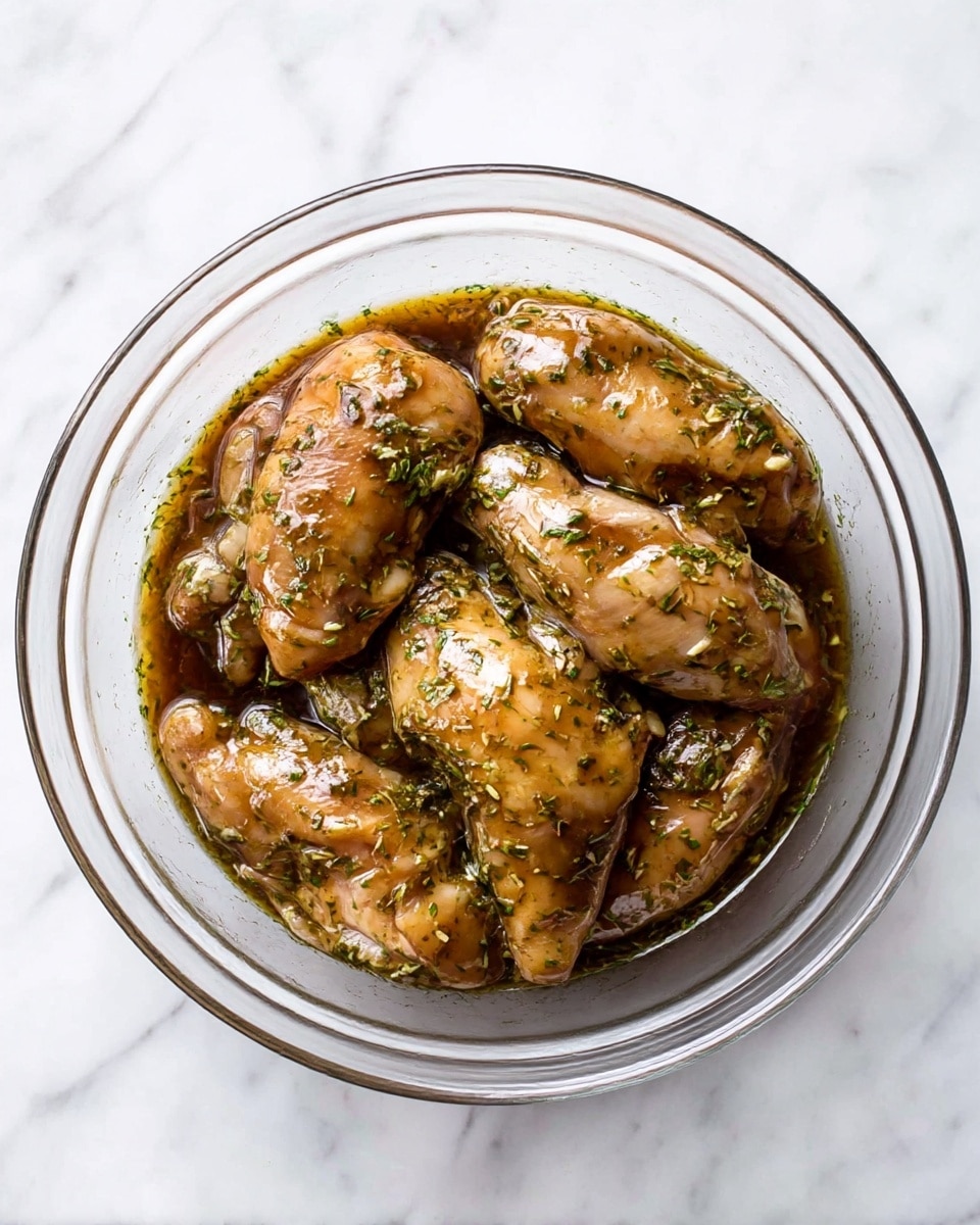 A clear glass bowl sits on a white marbled surface, filled with five raw chicken pieces soaked in a dark brown marinade mixed with herbs. The chicken is shiny and coated evenly, with small green herb bits scattered on top, creating a wet and glossy texture. The shapes of the chicken pieces vary, showing smooth and slightly uneven surfaces, all closely packed inside the bowl photo taken with an iphone --ar 4:5 --v 7
