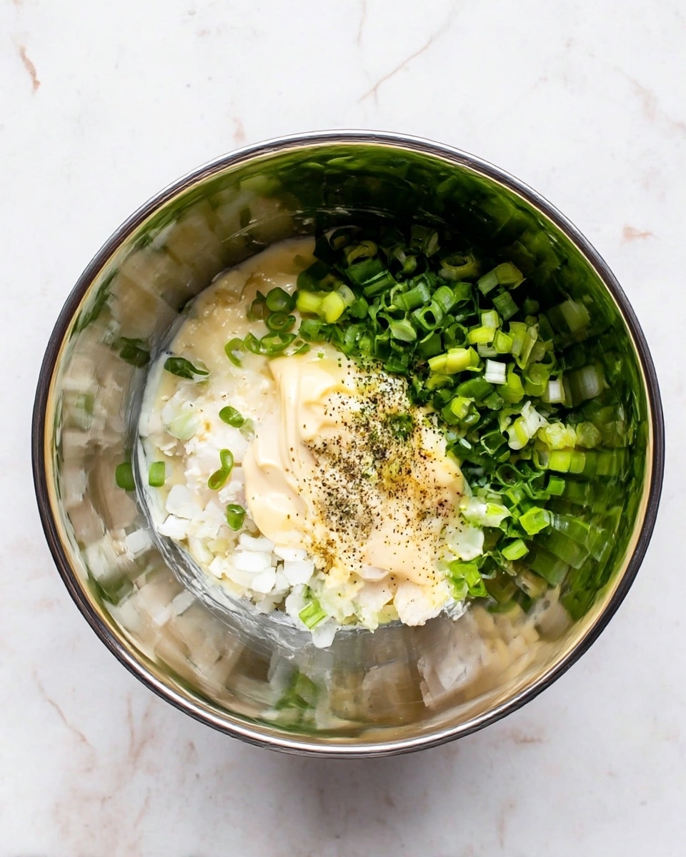 The image shows a shiny metal bowl on a white marbled surface with a mixture of ingredients inside. There are four main layers visible: a bottom layer of finely chopped white pieces, likely egg whites, topped by a creamy dollop of pale mayonnaise mixed with a bit of yellow mustard. On one side, there is a pile of fresh chopped green onions with different shades of green, and black pepper is sprinkled on top of the mayonnaise. The bowl reflects some light creating a shiny texture around the edges. photo taken with an iphone --ar 4:5 --v 7