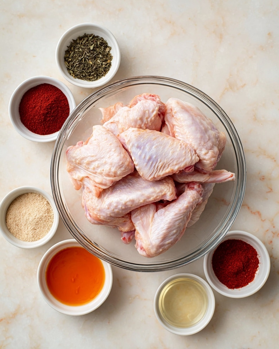 A clear glass bowl fills the center of the image, holding several light pink raw chicken wings with smooth, pale skin and some hints of red near the joints. Around the main bowl, six small white bowls sit on a white marbled surface. Each bowl contains a different ingredient: a deep red powder in the top center, a dark green dried herb on the left, a beige powder in the bottom left, a bright orange sauce below the main bowl, a clear liquid in the bottom right, and another red powder in the top right, each showing texture variations from powdery to smooth liquid. The arrangement is clean and simple, highlighting the fresh chicken and colorful spices. photo taken with an iphone --ar 4:5 --v 7