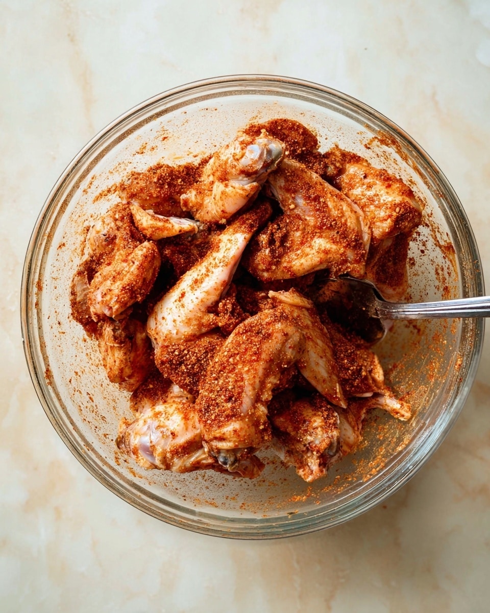 A clear glass bowl holds several raw chicken wings coated with a reddish-brown spice mix, giving them a slightly powdery and textured look. The chicken wings are layered unevenly, some overlapping others, showing both the meaty parts and bone sections. A metal spoon rests inside the bowl, partly buried under the chicken wings. The bowl is placed on a white marbled surface that adds a subtle, clean contrast to the spices and the chicken color. photo taken with an iphone --ar 4:5 --v 7