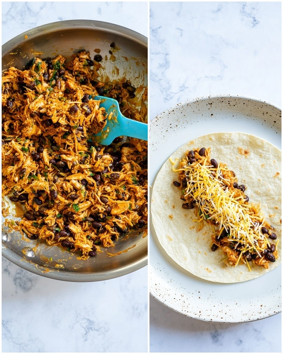 The left side shows a silver pan filled with a mix of shredded orange chicken and black beans, with some green herbs scattered throughout, and a blue spatula resting inside. The right side shows a round, flat white tortilla on a white speckled plate with a horizontal layer of the same shredded orange chicken and black beans mixture near the bottom edge, topped with a sprinkling of shredded pale yellow cheese. The surface below both items is a white marbled texture. Photo taken with an iphone --ar 4:5 --v 7