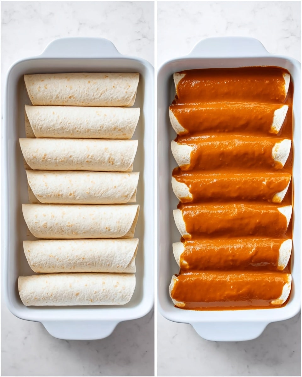 The image shows two side-by-side views of a white rectangular baking dish on a white marbled surface. On the left side, the dish contains seven rolled white tortillas neatly arranged in a single layer, with their smooth, soft texture and pale color clearly visible. On the right side, the same tortillas are shown covered evenly with a thick, rich, orange-red sauce that has a slightly glossy surface and smooth texture, covering the tortillas completely except the edges where the tortilla ends peek out. The angle is top-down, focusing on the neat arrangement and color contrast between the white tortillas and the orange sauce. Photo taken with an iphone --ar 4:5 --v 7