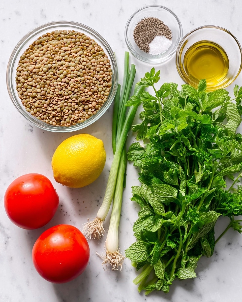 A clear glass bowl in the center holds light brown lentils. To its left, two red tomatoes and one yellow lemon are placed in a small group. Above the tomatoes and lemon, there are two green onions with white roots. Next to the green onions, a bunch of bright green mint leaves with a slightly wrinkled texture is arranged. On the far right side, there is a bunch of curly parsley with rich green leaves and thin stems. Above the tomatoes and lemon, there is a small glass bowl containing salt and ground black pepper, and next to it, a small glass bottle of golden olive oil. All items are on a white marbled surface. Photo taken with an iphone --ar 4:5 --v 7