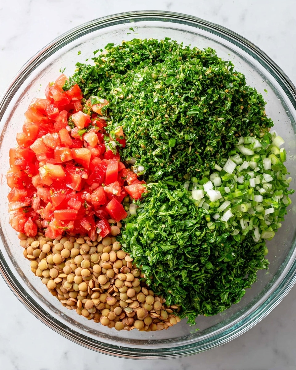 A clear glass bowl sits on a white marbled surface filled with five visible layers of ingredients arranged separately. The first layer at the bottom left consists of light brown lentils with a smooth, round texture. Next to the lentils, a large area is covered with fresh, finely chopped dark green parsley. Above the parsley is a mix of light green chopped herbs and thinly sliced green onion pieces. Toward the top right, there is a pile of more finely chopped dark green herbs, possibly mint. At the top left, bright red diced tomatoes add a fresh and juicy layer. All ingredients are neatly arranged without mixing, showing clear separation of colors and textures. Photo taken with an iphone --ar 4:5 --v 7