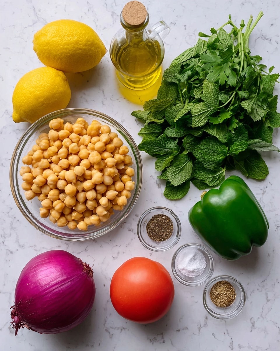 The image shows fresh ingredients arranged on a white marbled surface. In the center, there is a clear glass bowl filled with light yellow chickpeas. To the right of the chickpeas is a whole green bell pepper, and above that is a small glass bottle filled with golden olive oil. To the left of the chickpeas is a bunch of fresh green parsley, with a bunch of fresh green mint leaves placed below it. Near the top left corner, there are two bright yellow lemons side by side. Below them, there is a red tomato and a whole purple onion with its root end facing the viewer. Above the tomato are three small piles of spices and salt in a small clear glass bowl: white salt, black pepper, and brown ground spice. Everything is lit evenly, making each ingredient's colors and textures clear and fresh. photo taken with an iphone --ar 4:5 --v 7