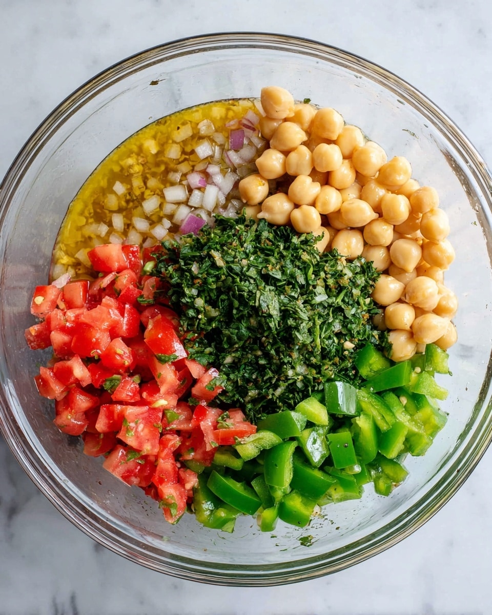 A clear glass bowl sits on a white marbled surface, filled with five distinct layers of ingredients arranged side by side. Starting from the top left, there is a pool of golden yellow dressing with small bits of minced red onion. Next to it, a layer of pale yellow chickpeas with a smooth, round texture. Below the chickpeas is a dense layer of finely chopped dark green herbs, likely parsley or cilantro. Adjacent to the herbs is a layer of small, bright red diced tomatoes, with their soft, juicy texture visible. The bottom layer consists of chopped green bell peppers with a shiny, firm appearance. The colors are fresh and vibrant, showcasing a mix of textures within the bowl, all ready to be mixed. photo taken with an iphone --ar 4:5 --v 7