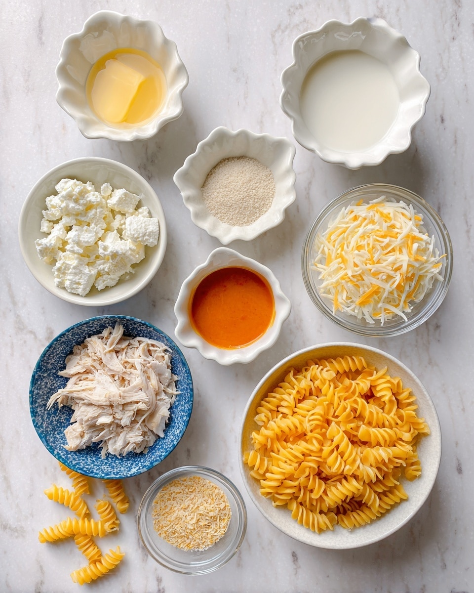 The image shows nine small white bowls arranged on a white marbled surface, each holding different ingredients. Starting from the top left, there is a small bowl filled with pale yellow melted butter, next to it a white scalloped bowl with creamy white milk, and to the right a clear bowl holding shredded white-yellow mozzarella cheese. Below, on the left, a white bowl edged in blue contains chunky white cottage cheese. Next to it is a smaller white bowl with a light beige powder of ranch seasoning, followed by another white bowl holding bright orange buffalo sauce. Below these, a white bowl contains light brown shredded chicken pieces. To the right is a larger white bowl filled with yellow spiral pasta, with a few pieces lying nearby on the marbled surface. Finally, at the bottom, a small clear bowl holds fine beige breadcrumbs, and next to it a white bowl edged in blue contains shredded orange cheddar cheese. photo taken with an iphone --ar 4:5 --v 7