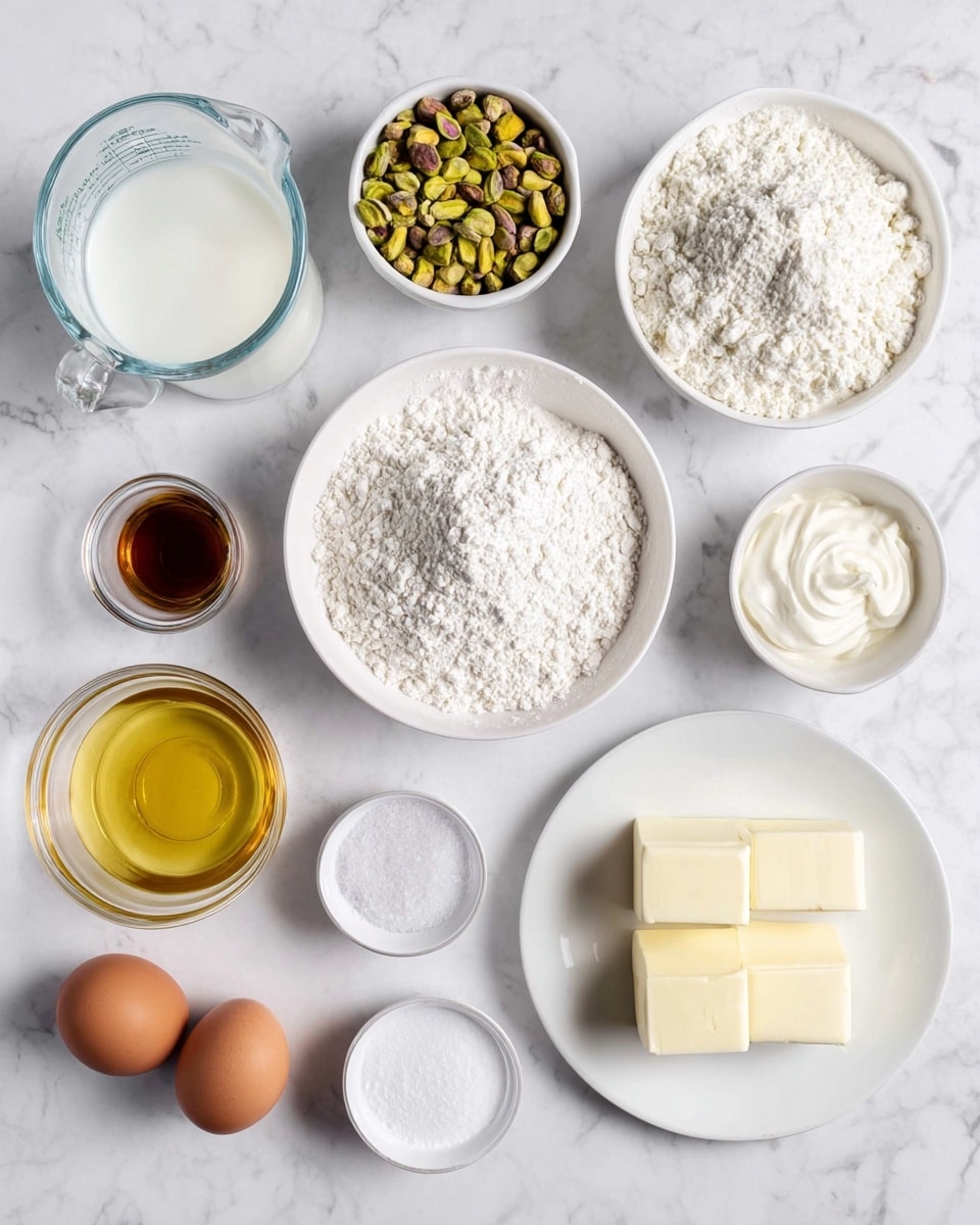 A top view of various ingredients arranged neatly on a white marbled surface, including two brown eggs at the bottom center, a clear glass bowl filled with golden liquid to the right of the eggs, and a white plate with two blocks of cream-colored butter near the bottom right corner. Above the eggs, there is a white bowl filled with powdered sugar with a slightly rough texture, and to its left, a white bowl of white flour. To the top right, a white bowl holds greenish-yellow pistachio nuts, and next to it, a small white bowl contains brown vanilla extract. Nearby, a clear measuring cup contains white milk, and another small white bowl holds coarse white substances, likely salt and baking powder. A clear glass measuring cup with water is placed at the top left corner, accompanied by a small white bowl of thick white cream, and a small white bowl of granulated white sugar. The items are all set on a clean, white marbled background. Photo taken with an iphone --ar 4:5 --v 7