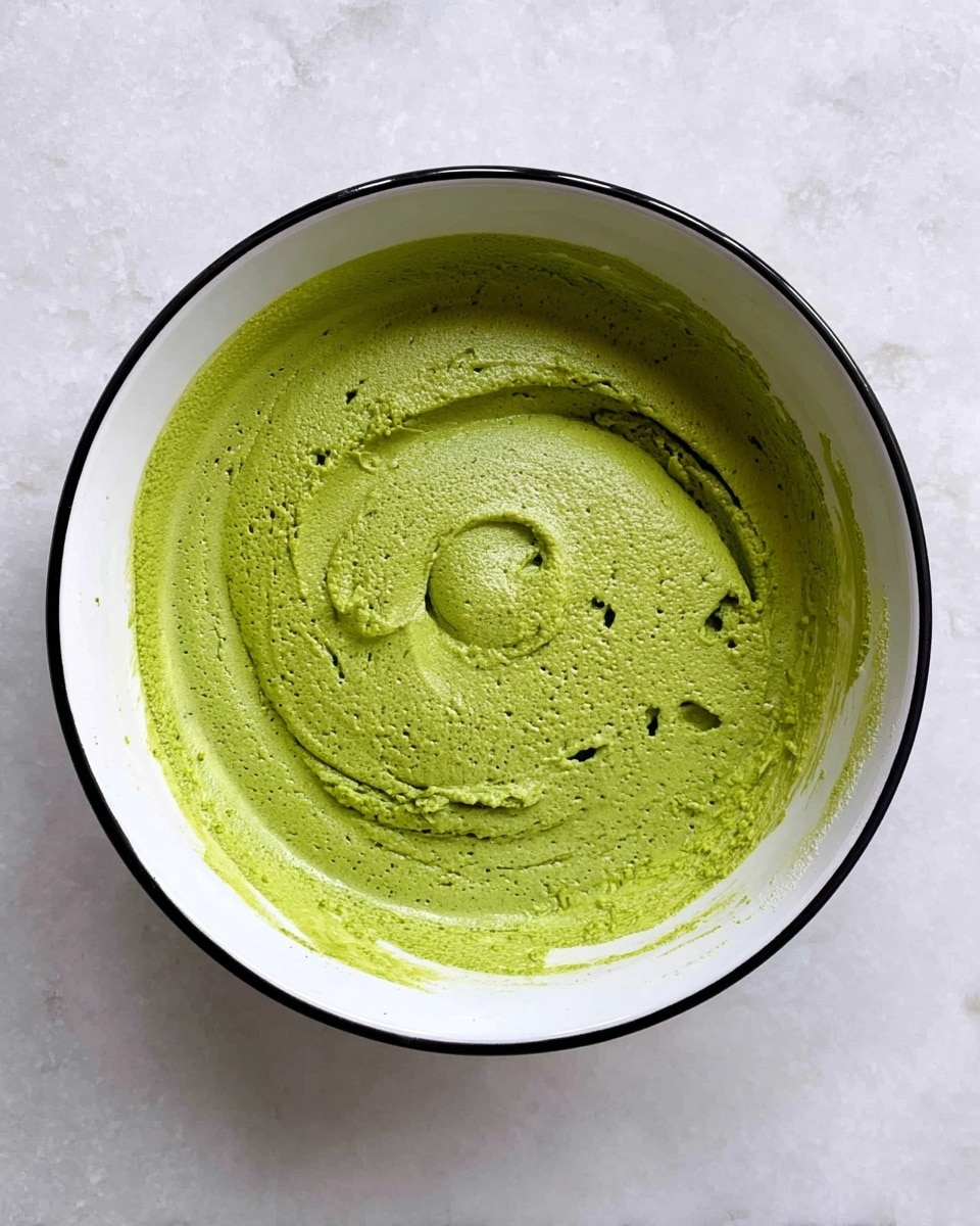 A white bowl with a black rim contains one thick, smooth layer of bright green mixture that is creamy and slightly textured. The mixture swirls inward from the edges toward the center with some small air bubbles and a fold at the top middle. The bowl sits on a white marbled surface. photo taken with an iphone --ar 4:5 --v 7