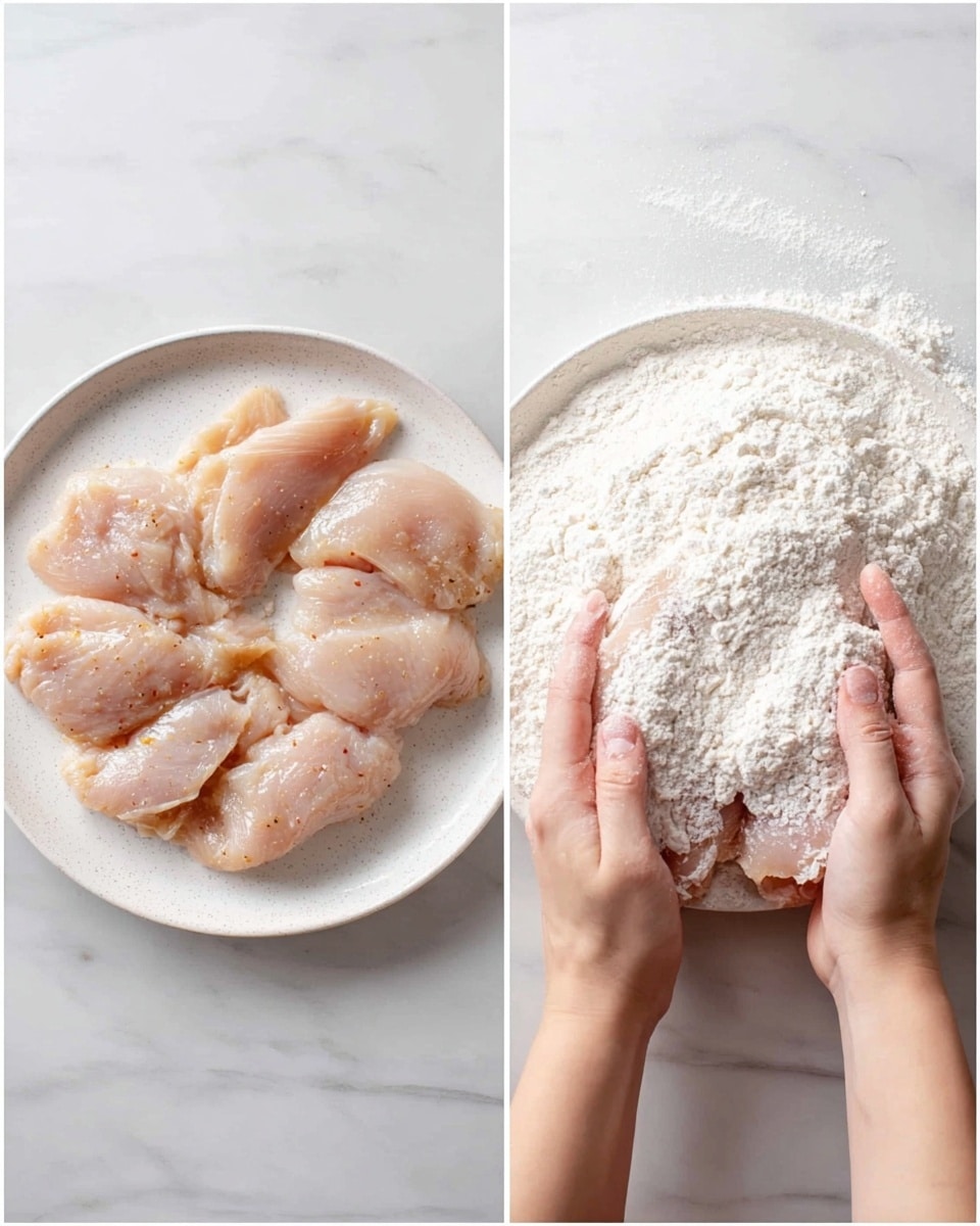 The image on the left shows a white plate with six pieces of raw, lightly seasoned pale pink chicken arranged in a circular pattern on a white marbled surface. The image on the right shows two woman's hands holding a piece of raw chicken which is coated in a thick layer of white flour from a white plate filled with flour, also placed on a white marbled surface. The flour looks powdery and covers the chicken fully, while the woman's hands are gently holding the chicken from both sides. Photo taken with an iphone --ar 4:5 --v 7