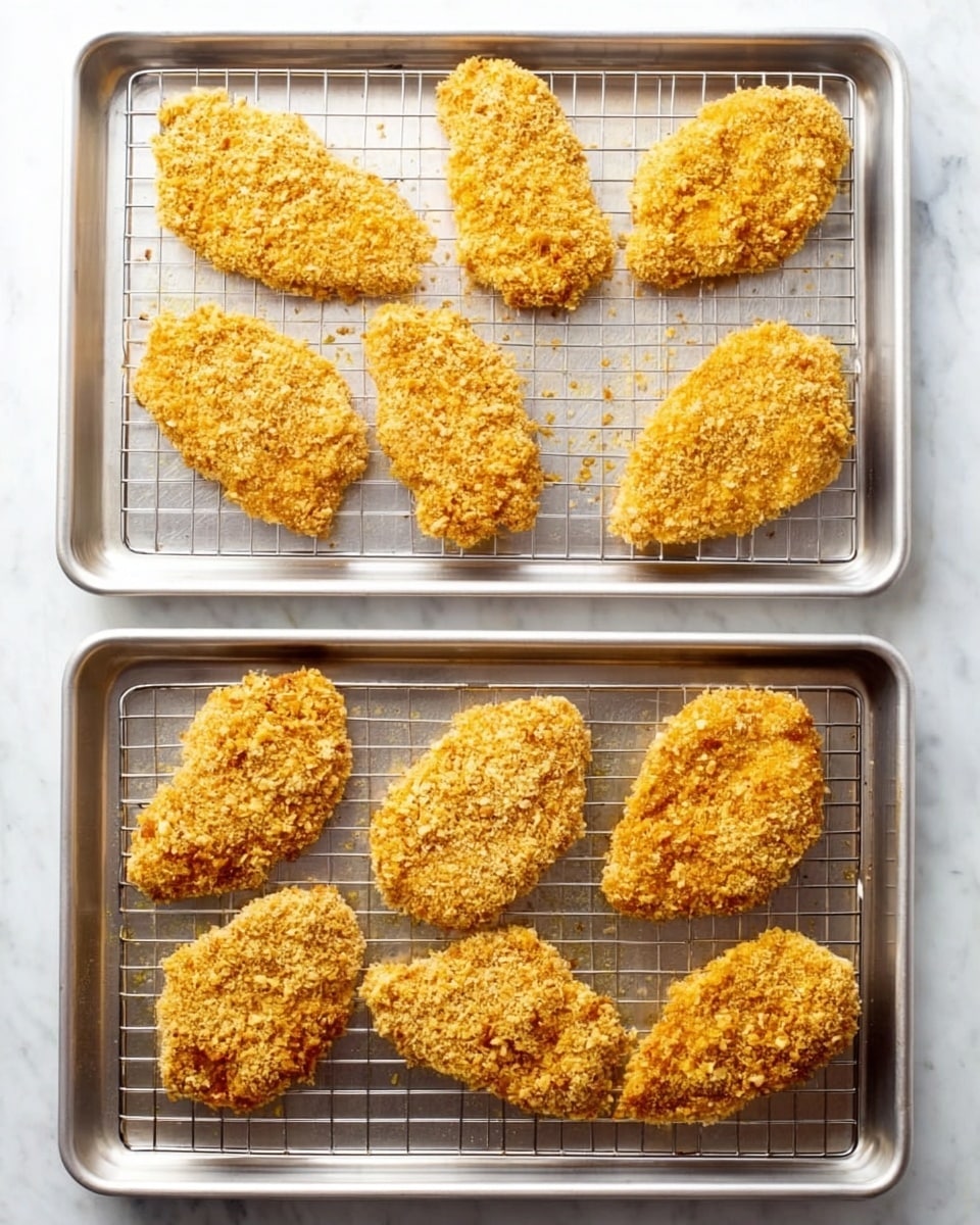The image shows two metal baking trays with wire racks placed on a white marbled surface. Each tray has six pieces of golden brown crispy breaded chicken arranged in two vertical columns of three. The coating on each piece is rough and crunchy looking, with a mix of small and larger crumbs clearly visible. The pieces vary slightly in shape but all are relatively flat and oval or oblong. The light highlights the texture of the crispy coating, giving it a crunchy appearance. photo taken with an iphone --ar 4:5 --v 7
