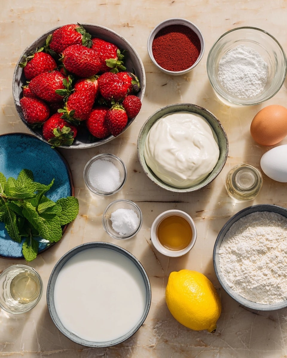 A photo showing several small white bowls and a few larger gray bowls arranged on a white marbled surface. One gray bowl is filled with bright red strawberries with green leaves on top. Another gray bowl holds a smooth, white cream with soft texture. A small white bowl contains a dark reddish-brown powder. There is a whole bright yellow lemon next to a small blue plate with fresh green mint leaves. Nearby, a clear glass measuring jug is filled with white milk or cream, and there is a small glass container with a light brown liquid. A medium gray bowl contains a beige flour-like powder, and a single brown egg is near the bowls. Small bowls hold white granular salt or sugar, and white baking powder, all placed neatly in an organized way. photo taken with an iphone --ar 4:5 --v 7