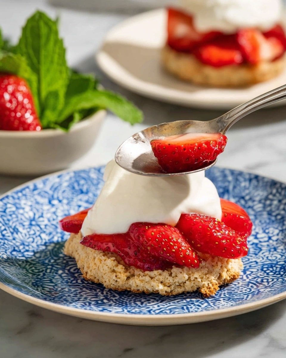 A close-up of a dessert showing three layers on a white plate with a blue pattern: the bottom layer is a light brown biscuit with a rough texture, the middle layer is bright red sliced strawberries evenly spread over the biscuit, and the top layer is a dollop of smooth white cream being placed with a silver spoon. In the background, there is another white plate with a similar dessert and some green mint leaves on a separate white plate, all set on a white marbled surface. Photo taken with an iphone --ar 4:5 --v 7