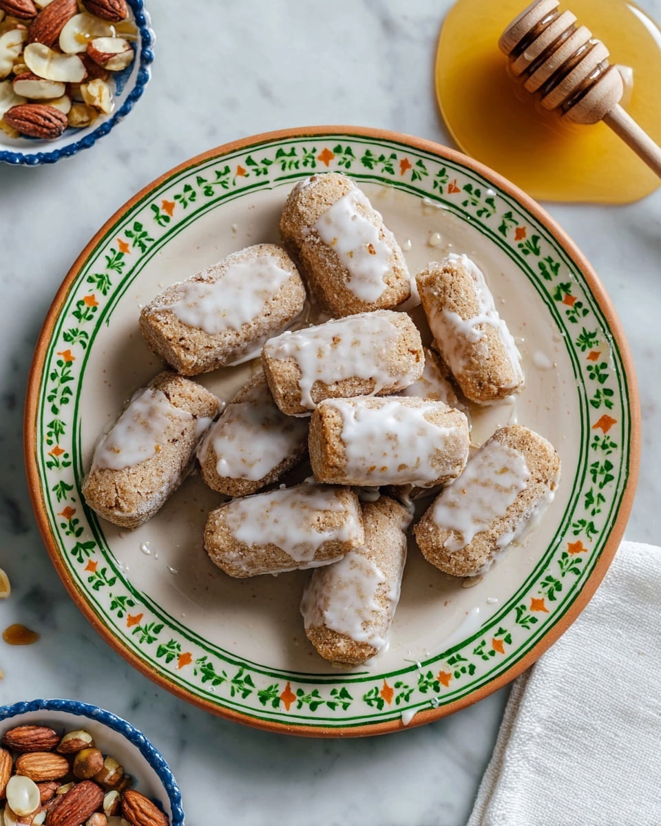 A white ceramic plate with a green and orange patterned rim holds about ten thick, cylindrical cookies covered lightly with white icing glaze, showing a golden brown baked texture underneath. The cookies are arranged in a loose pile, some resting over others. To the top right, a wooden honey dipper covered in golden honey rests on a white marbled surface with a damp white napkin underneath. To the top left and bottom right corners, a small white bowl with blue edges contains nuts, some brown and some pale in color. The whole scene is set against a white marbled surface. Photo taken with an iphone --ar 4:5 --v 7