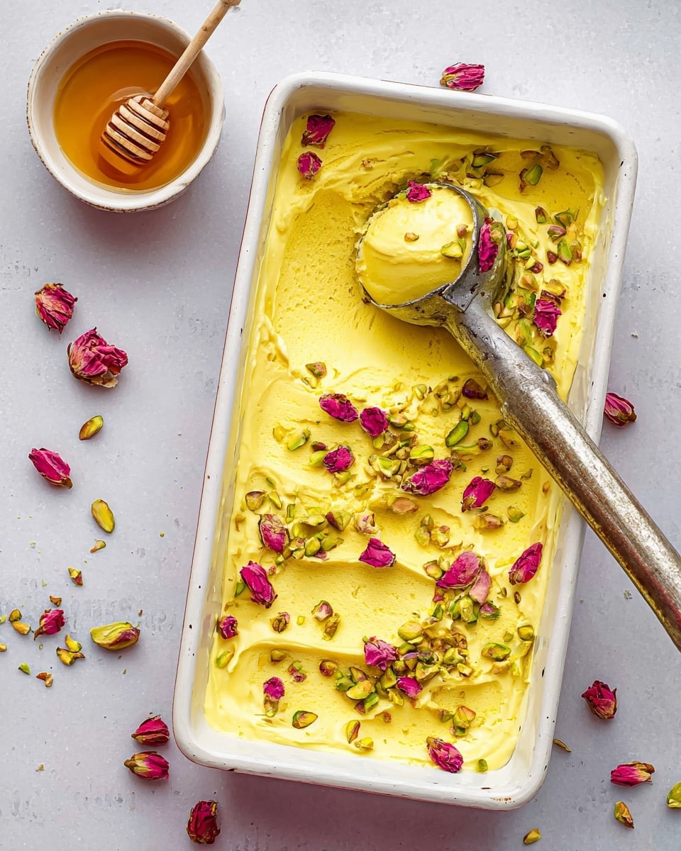 A white rectangular dish filled with bright yellow ice cream, scattered with light green chopped pistachios and deep pink rose petals on the surface. The ice cream has a smooth and creamy texture with some scoop marks made by a vintage metal ice cream scooper resting diagonally on top. Next to the dish, a small white bowl holds amber-colored honey with a wooden honey dipper inside. The setting is on a white marbled surface with a few scattered dried pink rosebuds nearby. Photo taken with an iphone --ar 4:5 --v 7