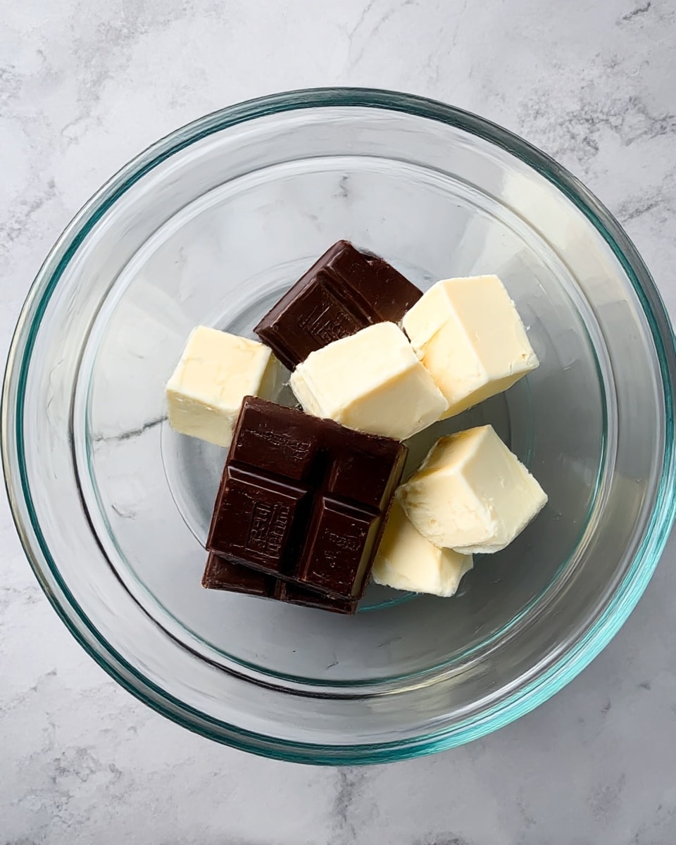 A clear glass bowl sits on a white marbled surface. Inside the bowl, there are two layers: the bottom layer has three dark brown chocolate squares with a smooth, shiny texture and slight engravings, and on top of them are four creamy white cubes of butter, each with a soft, smooth texture and slightly rounded edges. photo taken with an iphone --ar 4:5 --v 7