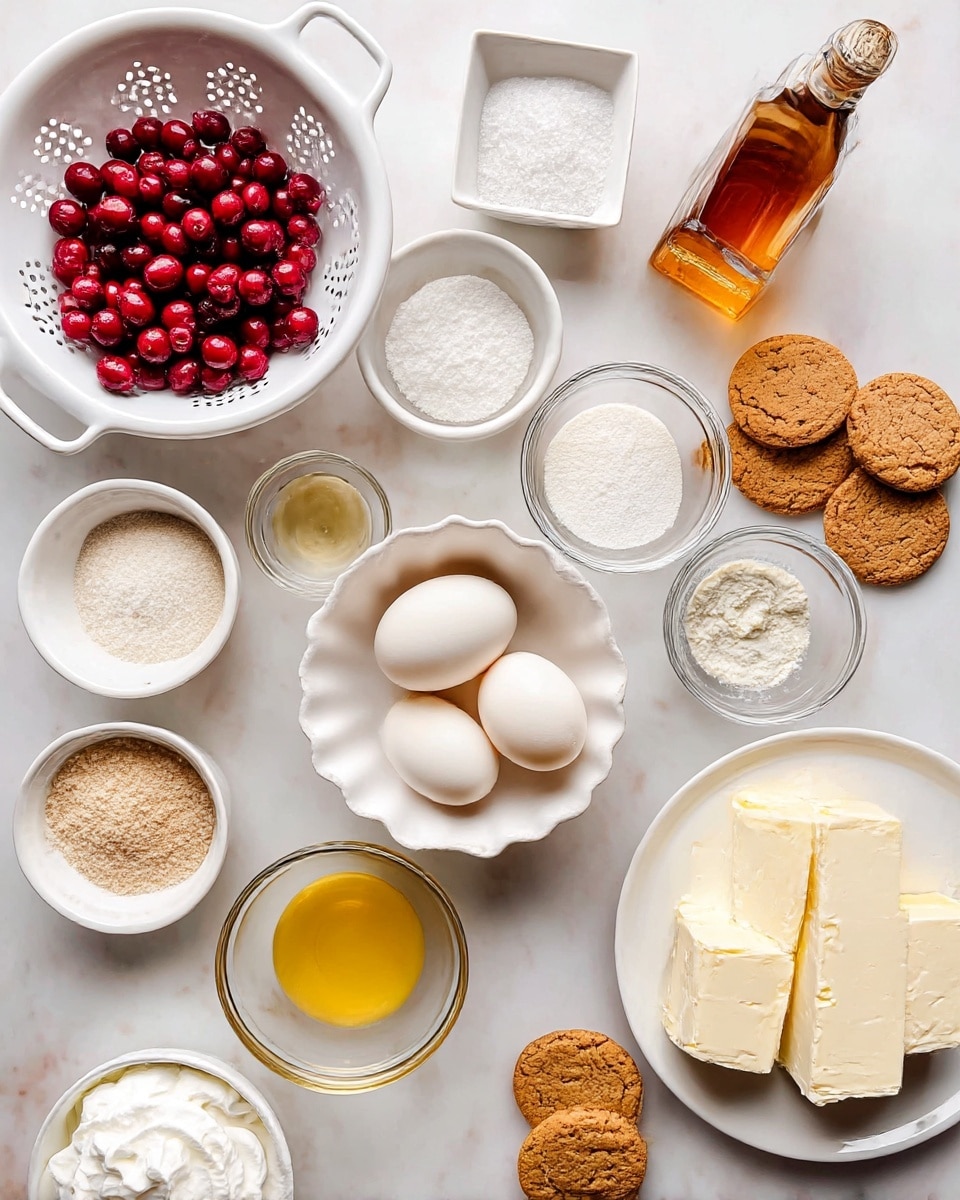 The image shows a flat lay of baking ingredients on a white marbled surface. There is a white round colander with bright red cranberries in the top left, next to a small white square bowl filled with coarse salt. Below these, several small white and glass bowls hold white granulated sugar, a clear liquid, melted golden butter, vanilla extract, and baking powder. At the center are two raw eggs in a white scalloped bowl and a bottle of orange liqueur to the right. Scattered to the right side are small round golden brown cookies with a cracked texture. To the bottom right, two blocks of cream cheese sit on a white plate. Near the bottom left is a small bowl with whipped cream. photo taken with an iphone --ar 4:5 --v 7