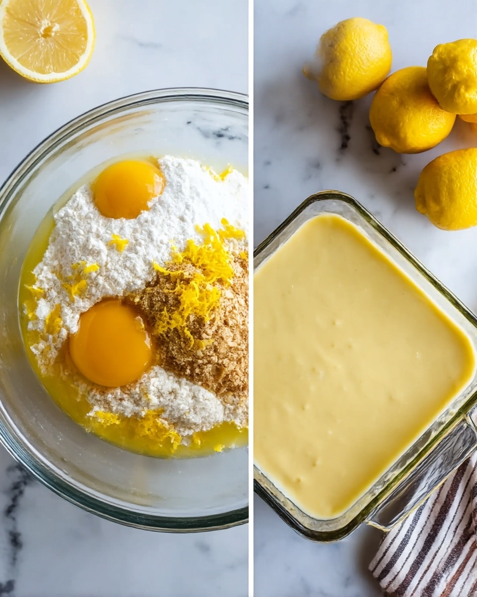The left side of the image shows a clear glass bowl filled with several layers of ingredients: two yellow egg yolks, a heap of white flour, a pile of light brown ground almonds, and bright yellow lemon zest scattered on top, all resting on a white marbled surface with a halved yellow lemon beside the bowl. On the right side, there is a square clear glass baking dish filled evenly with a smooth, pale yellow batter, placed on a white marbled surface next to whole lemons and a striped cloth. Photo taken with an iphone --ar 4:5 --v 7