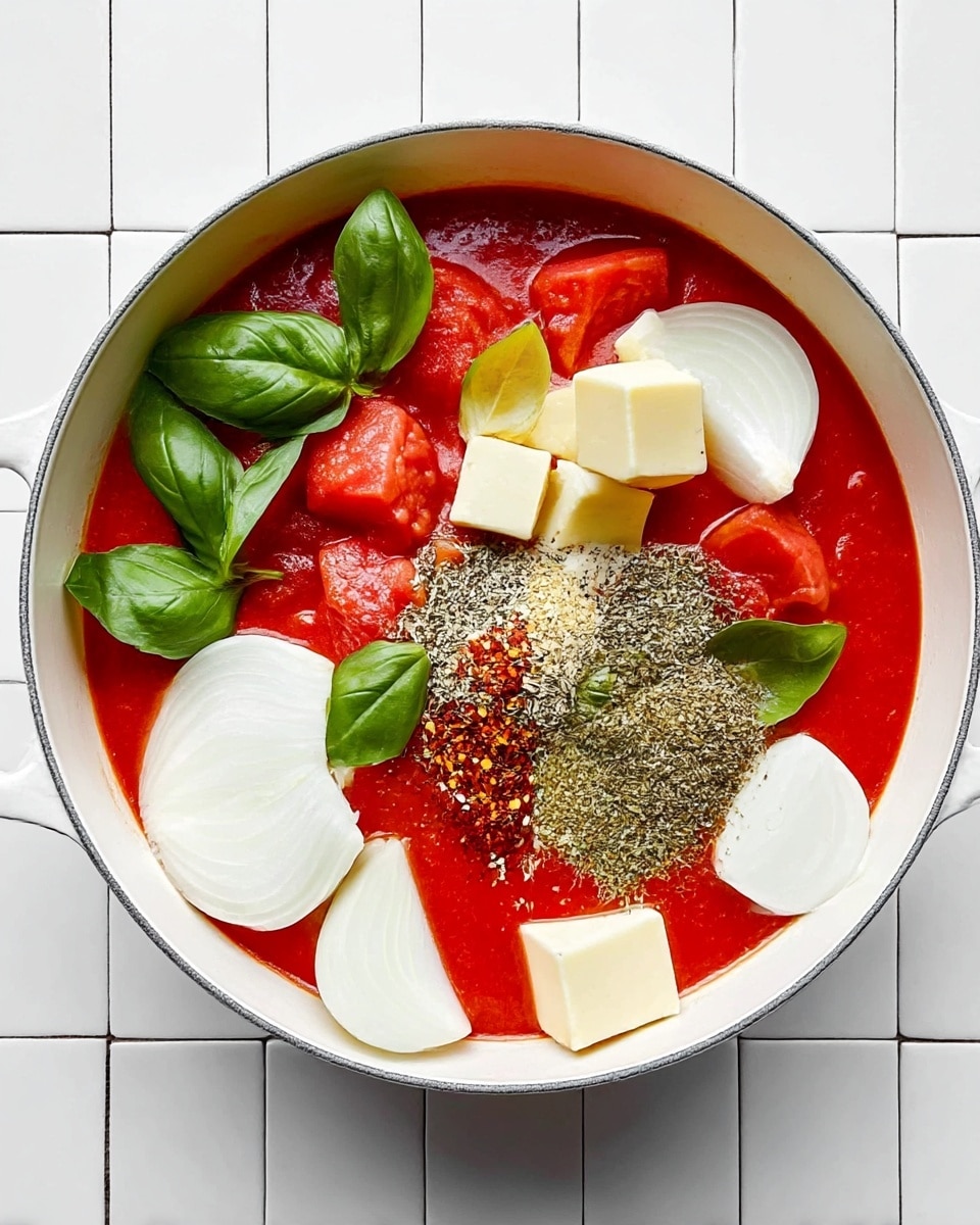 A white pot filled with a bright red tomato sauce covering the bottom layer, topped with large chunks of tomatoes, white onion wedges, several fresh green basil leaves, cubes of light yellow butter, and a pile of mixed spices including dried herbs and red pepper flakes in the center. The pot sits on a white marbled surface with white square tiles around it. photo taken with an iphone --ar 4:5 --v 7