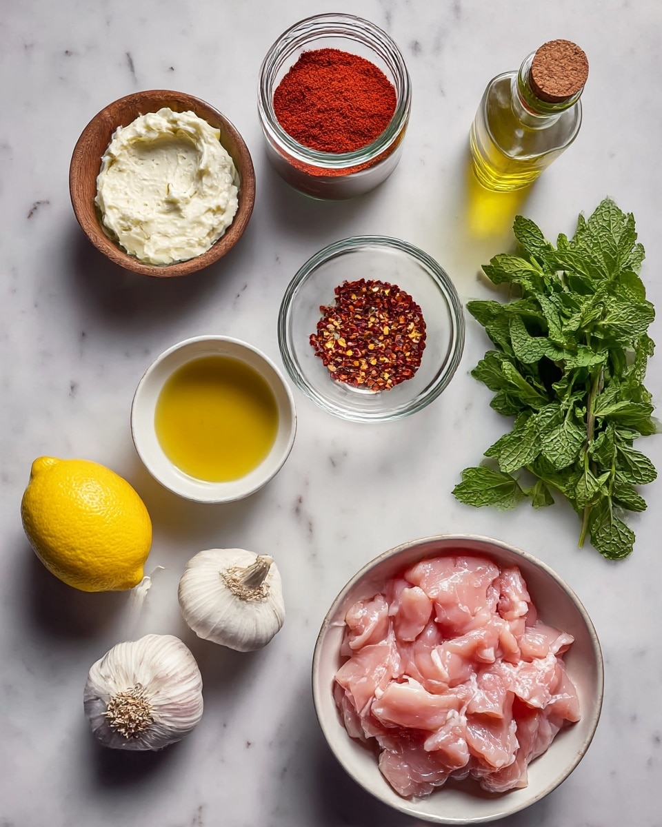 The image shows raw ingredients for a dish arranged on a white marbled surface. There is a white bowl filled with pink raw chicken pieces in the bottom right. To its left are a whole lemon and a bulb of garlic, both close to the bowl. Above the chicken bowl is a small white bowl holding a golden liquid. Next to it, a clear glass bowl contains a creamy white spread, possibly cheese. Above that, there is a tall glass jar with a red powder, and beside it, a small wooden bowl filled with red chili flakes. On the far right, a bunch of fresh green mint leaves are laid out. A glass bottle with light yellow oil and a cork top is near the fries and mint. photo taken with an iphone --ar 4:5 --v 7