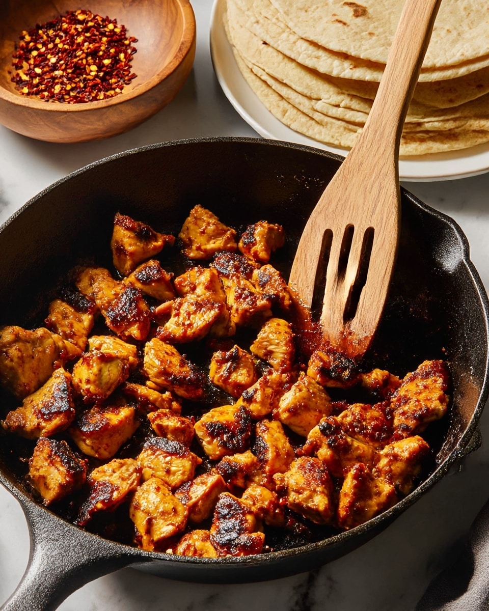 Chunks of golden-brown chicken with charred spots fill a black cast iron skillet, showing a mix of crispy and juicy textures. A wooden spatula with three slits rests inside the skillet on the right side. In the background, a stack of light tan tortillas lies on a white plate, and a small wooden bowl filled with red chili flakes is seen on a white marbled surface. The scene is warmly lit, highlighting the rich colors and the slight sheen of the cooked chicken. Photo taken with an iphone --ar 4:5 --v 7